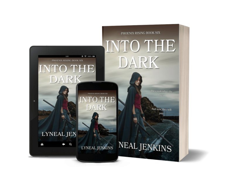 Into the Dark by Lyneal Jenkins, showing a hooded young woman with a sword standing on a dark road under a cloudy sky.