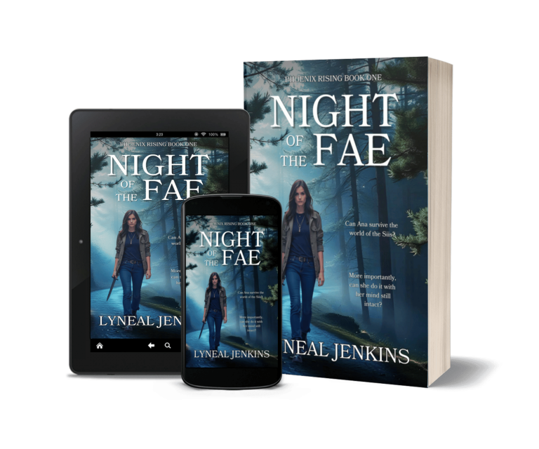 Night of the Fae by Lyneal Jenkins, showing a young woman with a dagger standing in a misty forest.